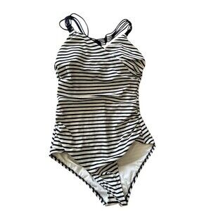 Kona Sol One Piece Swimsuit Womens Size M Navy & White Striped Ruched Back
